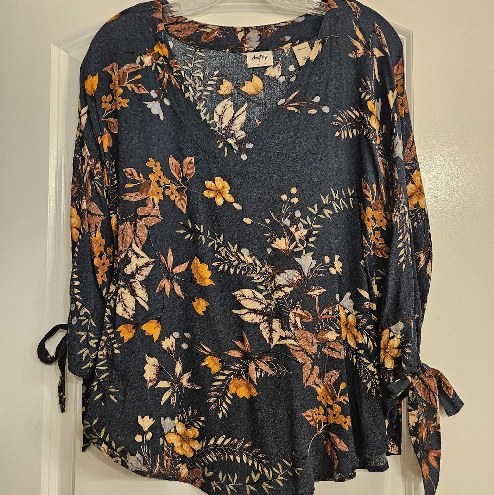 Navy Floral Blouse with Orange Accents